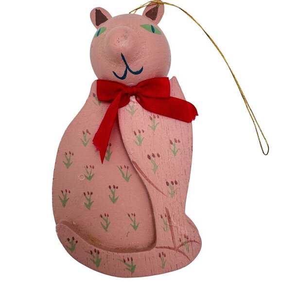 Set Of 2 Vintage Folk Art Cat Wooden Christmas Ornaments Hand Painted 1985 - Picture 7 of 8